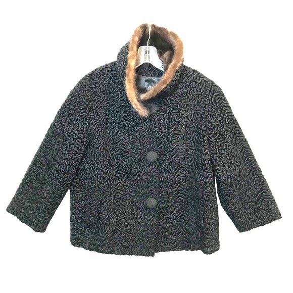 Vintage Black Persian Lamb Cropped Fur Jacket Mink Collar Womens 12 - Picture 9 of 15